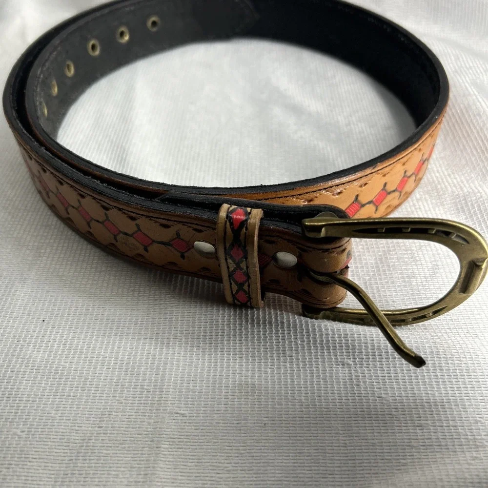 Leather Belt With Red Square Design. Size 36 Made In USA Buckle